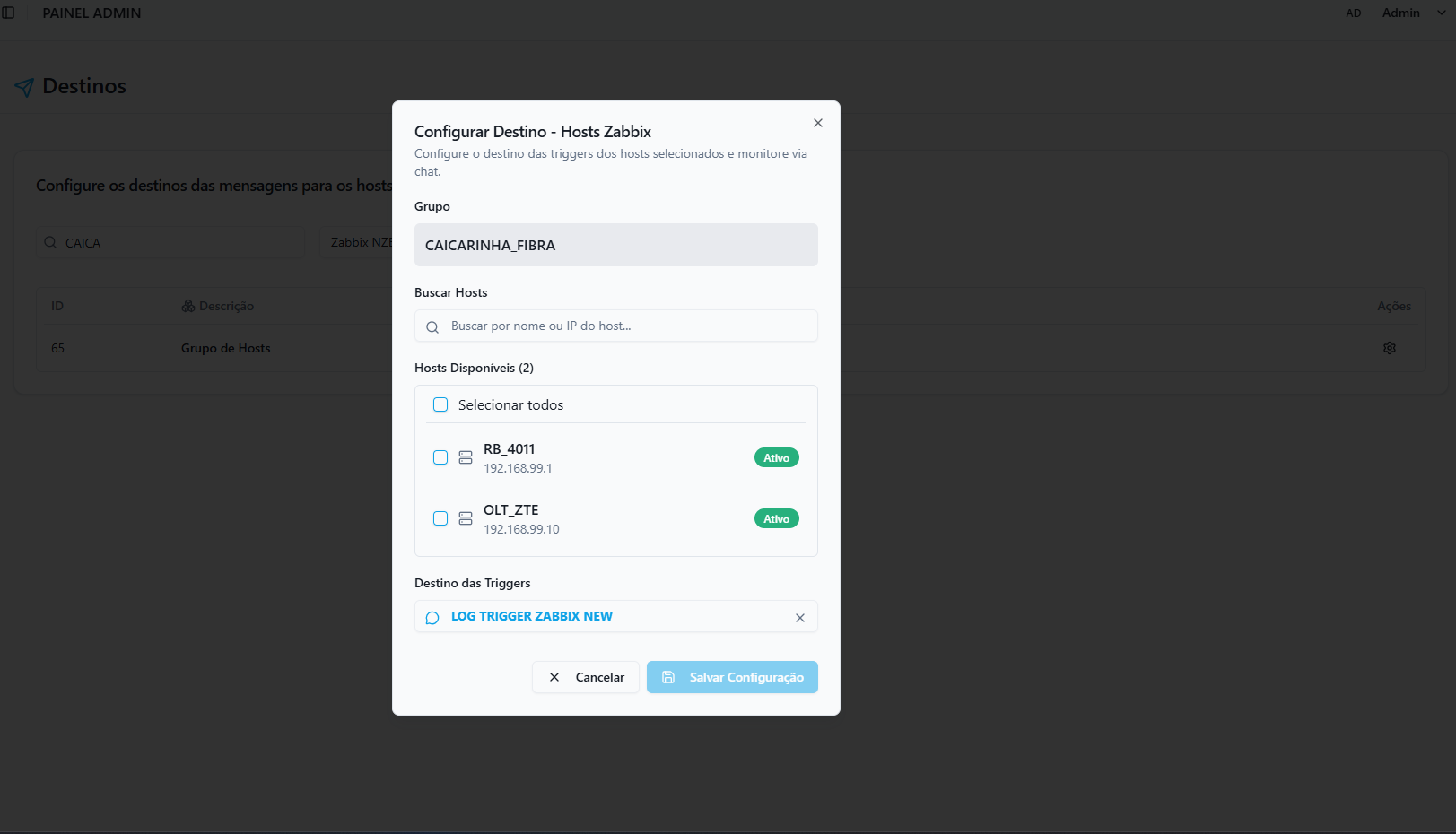 Configuração de Destinos